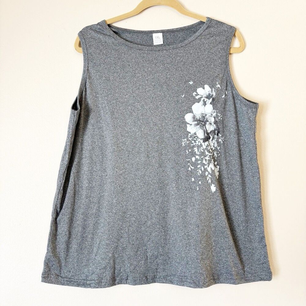 Tank Top 1XL Charcoal Gray Floral Print Sleeveless Relaxed Stretch Comfortable